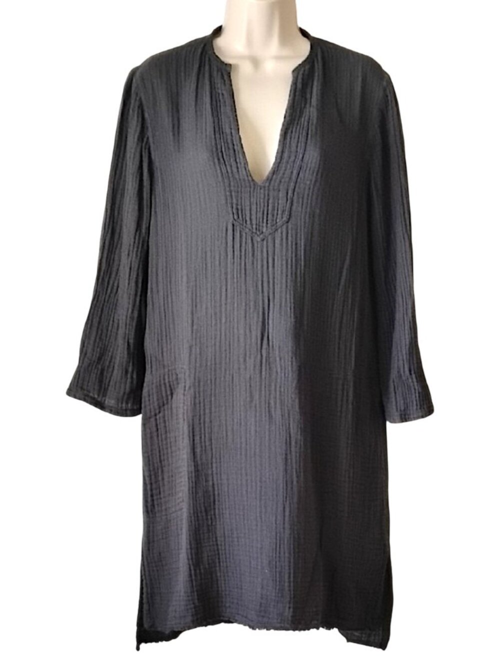 Raquel Allegra Cotton Gauze Tunic Mini Dress 2 M 3/4 Sleeve V-Neck Cover Up